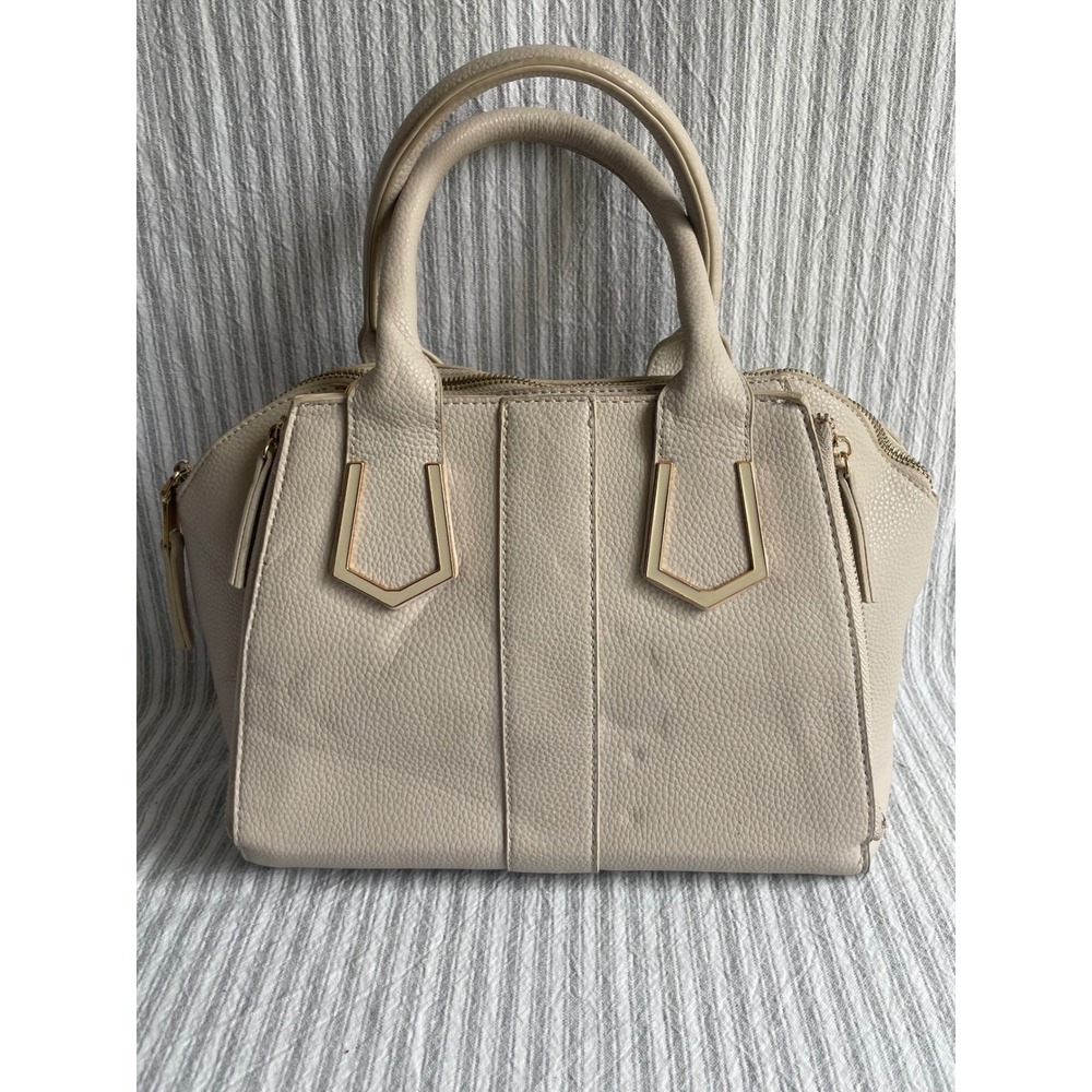 Madison West Beige Pebbled Vegan Leather Satchel Handbag Gold Tone Hardware